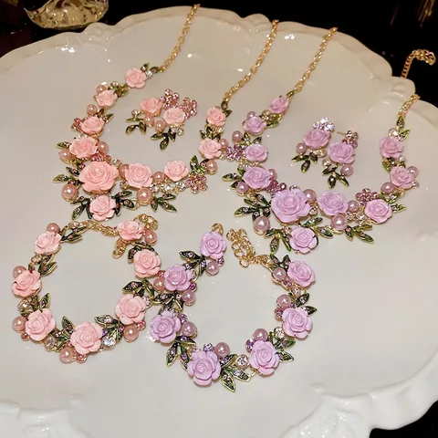 Rose Flower Necklace Bracelet Earrings For Women Resin Floral With Silver Earring Post Rhinestone Artificial Pearl Romantic