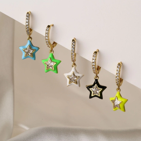 Sweet Copper Star Drip Oil Hoop Earrings For Women Colorful Rhinestone Enamel Star Shape Huggie Earrings Jewelry Gift