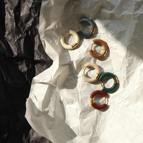 Stainless Steel Hoop Earrings 18K Gold Plated Enamel Minimalist French Style Ear Buckles For Women