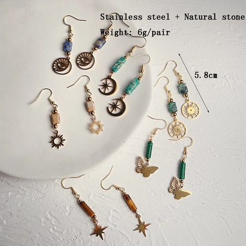 Böhmische Edelstahl Hängeohrringe Für Damen Vergoldet Achat Naturstein Sonne Mond Stern Schmetterling Anhänger Ohrringe Schmuck
