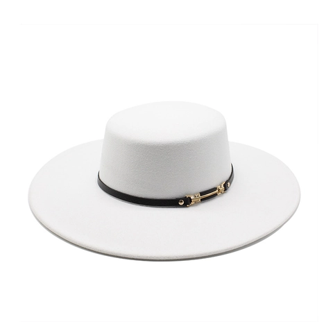 Women Elegant Flat Top Boater Hat Woolen Felt Wide Brim Retro French Style With PU Leather Belt Gold Metal Buckle