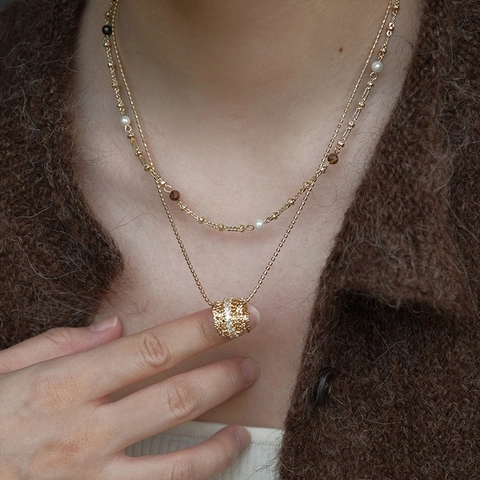 Collar De Doble Capa Aleación Perla Artificial Circón Piedra Ojo De Tigre Estilo Corte Francés Retro Joyería De Cadena De Clavícula Para Mujeres