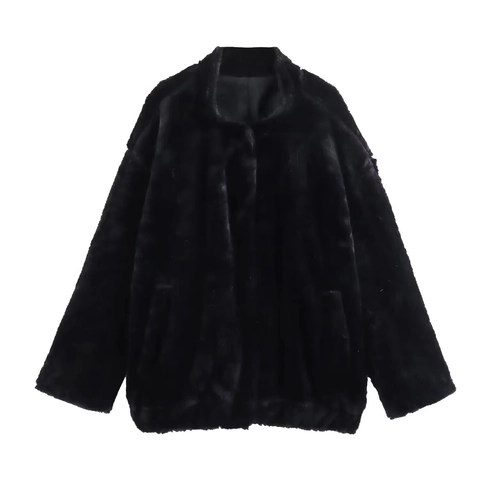 Giacca Da Aviatore In Pelliccia Sintetica Donna Nero Solido Revers Vestibilità Comoda Cerniera Cappotto Invernale Caldo