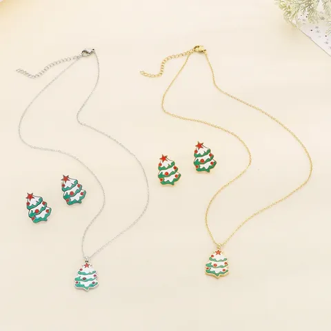 Collar De Árbol De Navidad Y Pendientes Acero Inoxidable Esmalte Dibujos Animados Lindo Moda Festivo Invierno Joyas Regalo