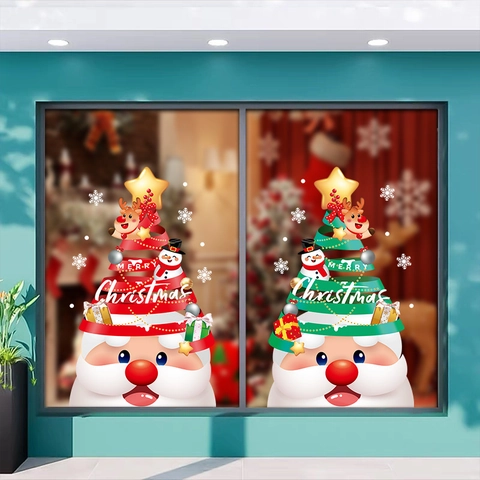 Christmas Window Stickers Static PVC Double Sided Glass Decals Cartoon Santa Reindeer Snowman Holiday Home Decor