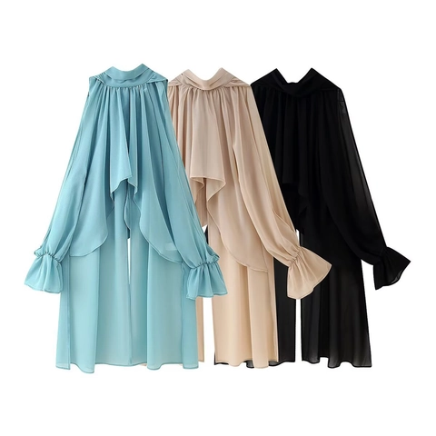 Camicetta Elegante in Chiffon da Donna con Laccetto Volant Maniche a Campana Crop Top Trasparente Tinta Unita Camicia Larga Vintage
