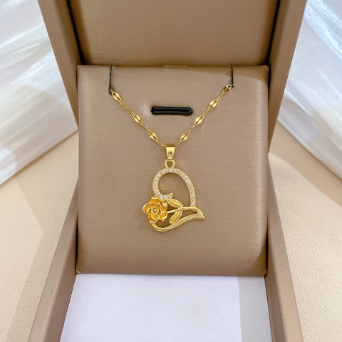 Herz Rose Anhänger Halskette Edelstahl Kette Und Kupfer Zirkon Eingelegt Gold Elegant Damen Schmuck