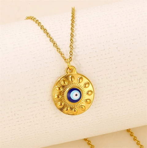 Evil Eye Pendant Necklace Stainless Steel Round Sunburst Blue Enamel Oil Drop Boho Fashion Jewelry For Women