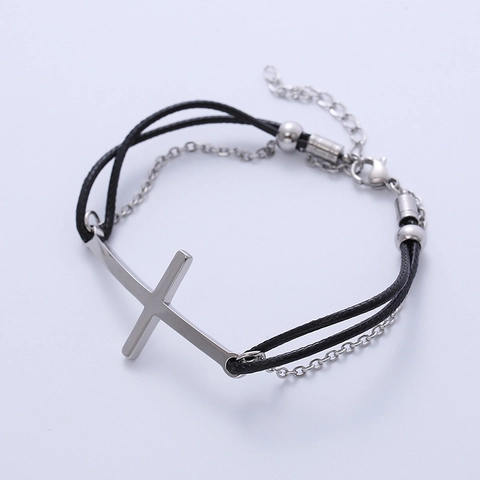 Horizontal Cross Braided Bracelet 316L Stainless Steel Adjustable Rope Cord Minimalist Religious Jewelry For Women Men