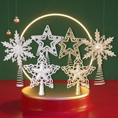 Glitter Christmas Tree Topper Star Snowflake Hollow Plastic Sparkling Tree Top Ornament For Holiday Party Decor