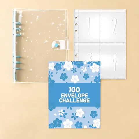 100 Umschlag Challenge Sparbuch A5 PVC Budget Planer Geld Organizer Ordner Blumen Design Metall Ringbuch
