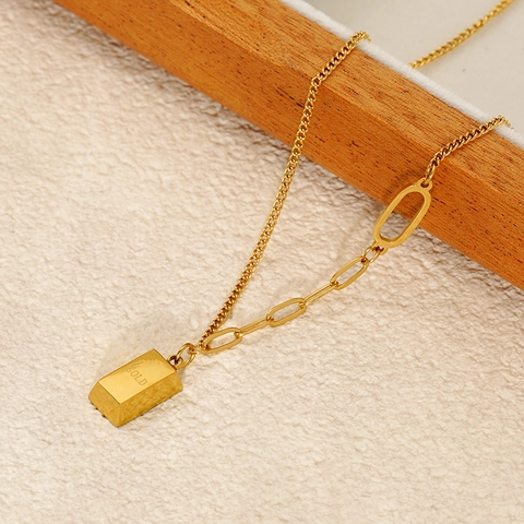 Stainless Steel Pendant Necklace 18K Gold Plated Gold Bar Charm Asymmetric Chain Chic Minimalist Jewelry For Women