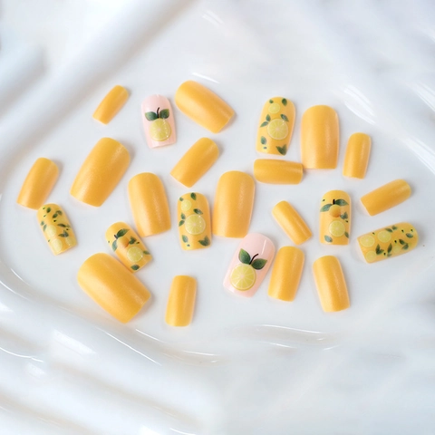 Yellow Lemon Press On Nails Medium Long Square False Nails Summer Fresh Fruit Style 3D Flower DIY Manicure For Women