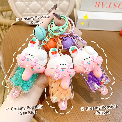 Rabbit Eiscreme Popsicle Schlüsselanhänger Acryl PVC Harz Anhänger Mit Glocke Perlen Quicksand Shaker Tasche Charm