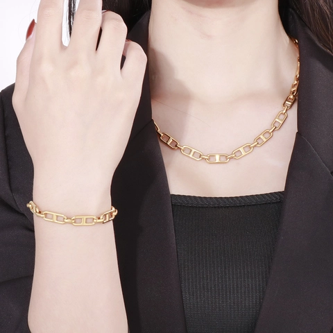 Set Di Gioielli In Acciaio Inossidabile Da Donna Collana E Bracciale A Maglie Naso Di Maiale Catena Di Ancora Minimalista