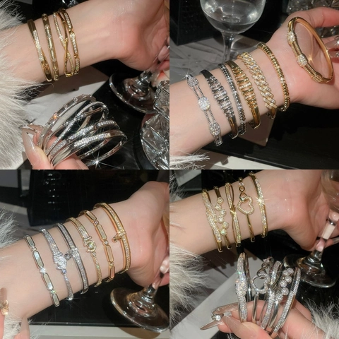 Luxe 18K Vergulde Koperen Bangle Voor Dames Met Glinsterende Zirkoon Elegante Geometrische Open Armband Mode Sieraden