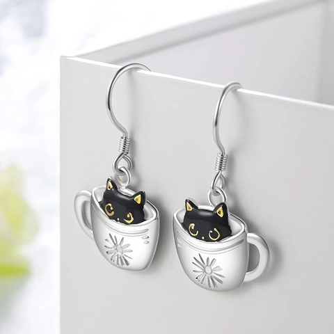 Cute Black Cat In Coffee Cup Drop Earrings Copper Enamel Daisy Pattern Creative Novelty For Women With Silver Earring Post