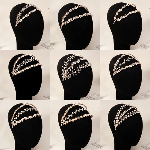 Handmade Baroque Bridal Headband Alloy Rhinestone Flower Leaves Imitation Artificial Pearl Acrylic Crystal Hair Band Wedding Women
