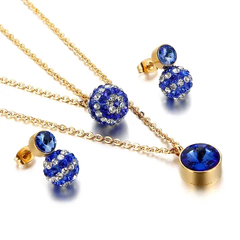 Stainless Steel Necklace And Earrings Jewelry Set Rhinestone Pave Disco Ball Round Crystal Double Layer Chain For Women