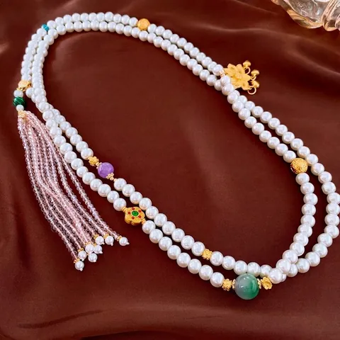 Vintage New Chinese Style Artificial Pearl Necklace With Gold Plated Lotus Pendant Pink Tassel Elegant Long Double Layer Jewelry Women