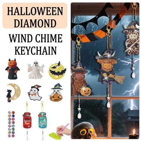 DIY Diamond Painting Keychain Kit Halloween Theme Acrylic Rhinestone Suncatcher Wind Chime Pendant Gnomes Pumpkins Ghosts Handmade Craft Gift