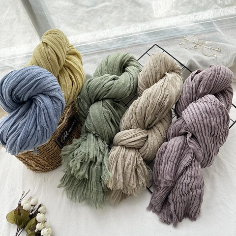 Women Scarf Shawl Viscose Polyester Crinkle Texture Solid Color Large Warm Winter Scarf With Fringe Tassel Korean Style