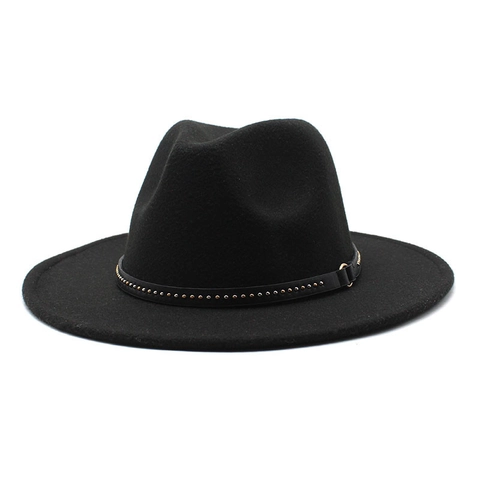 Vintage Wide Brim Fedora Hat Women Men Wool Felt Jazz Panama Cap Riveted Leather Band Solid Color Winter Warm Accessory