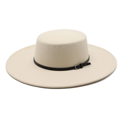 Women Wide Brim Boater Hat Flat Top Felt Fedora With Leather Strap Metal Buckle Retro Elegant Vintage Jazz Sun Cap