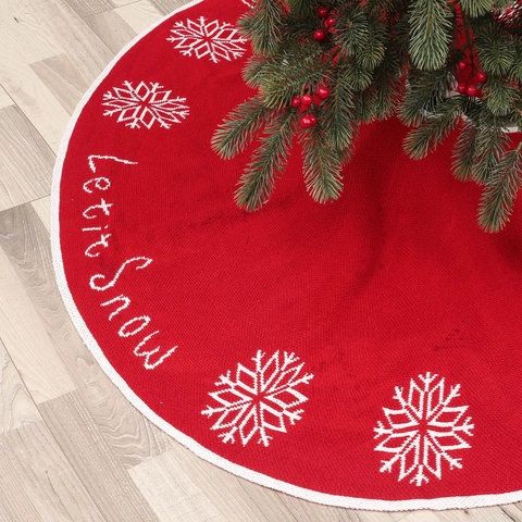 Christmas Tree Skirt Red Knitted Snowflake Let It Snow Embroidery Holiday Party Floor Decoration