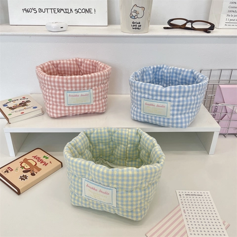 Heart Quilted Plaid Gingham Fabric Storage Basket Cotton Desktop Organizer Bin For Cosmetics Stationery Sundries Soft Ins Style