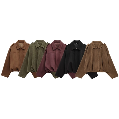 Dames Bomberjack Van Imitatiesuède Kort Lange Mouwen Revers Epauletten Chic Casual Retro Effen Jasje Outwear