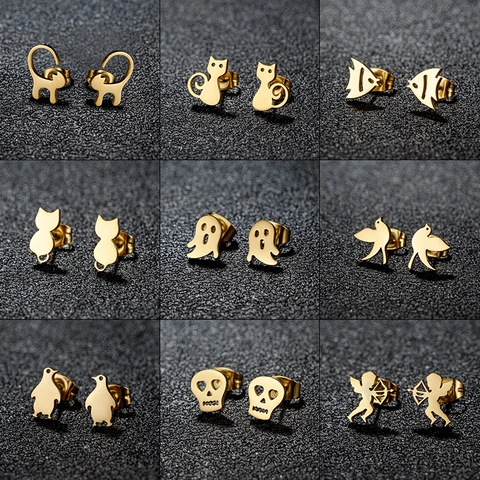Boucles D Oreilles En Acier Inoxydable Animal Chat Oiseau Fantôme Squelette Cupidon Bijoux De Mode Gothique Pour Femmes