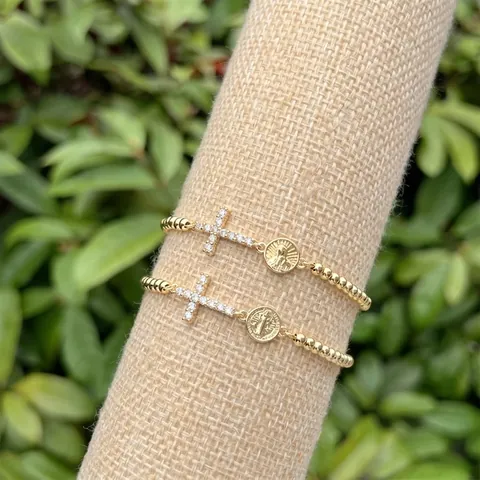 18K Gold Plated Copper Cross Zirconia Bracelet Religious Virgin Mary Saint Jude Medal Adjustable Link Bead Chain Jewelry