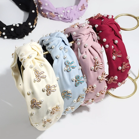 Vintage Elegant Knotted Wide Headband Fabric Faux Artificial Pearl Enamel Bow Hair Hoop French Retro Headpiece For Women