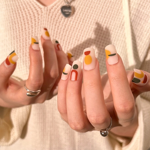 Matte Press On Nails Geometric Abstract Color Block Square Medium Length False Nails Artificial Finger Nail Art