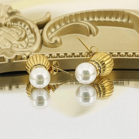 Vintage Faux Artificial Pearl Drop Earrings 316L Stainless Steel Textured Striped Dome With Rhinestone Hypoallergenic For Women