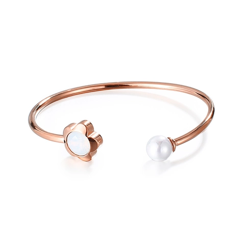 Brazalete De Acero Inoxidable Para Mujer Flor De Concha Elegante Y Perla Artificial Pulsera Abierta Ajustable Joyería Estilo Coreano