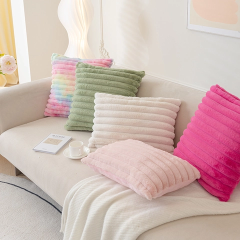 Gestreifter Ripp-Kissenbezug Aus Künstlichem Kaninchenfell Weicher Plüsch-Kissenbezug Für Sofa Wohnzimmer Heimdekoration