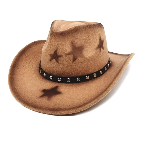 Western Cowboy Hat Wide Brim Cotton Polyester Felt Jazz Cap Star Print Rivet Band Retro Party For Men Women