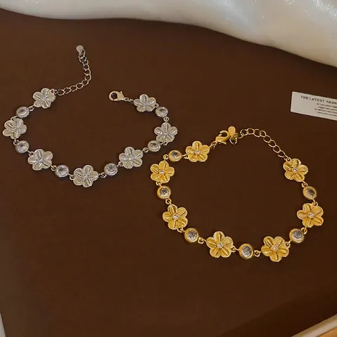 Flower Bracelet For Women Copper With Cubic Zirconia Five-Petal Design Brushed Texture Adjustable Jewelry Gift