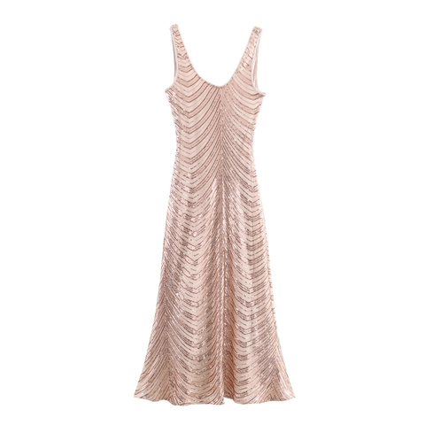 Maxi Kleid Pailletten Mesh V-Ausschnitt Ärmellos Bodycon Wellenmuster Elegant Abendparty Bankett Luxus Sexy Damen