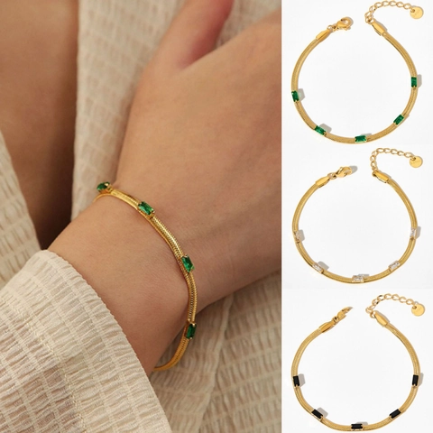 Snake Chain Bracelet Stainless Steel Baguette Zircon Inlaid Minimalist High-end Jewelry For Women Gold Plated Vintage