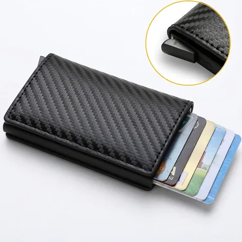 RFID Blocking Card Holder Wallet Aluminum Alloy PU Leather Carbon Fiber Texture Automatic Pop Up Slim Minimalist Business