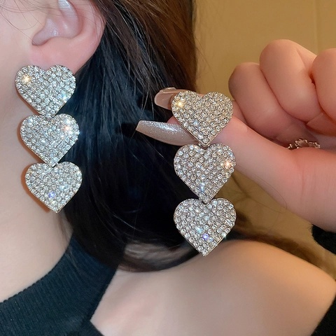 Heart Dangle Earrings With Full Rhinestones And Silver Earring Post Alloy Tiered Drop Ear Jewelry For Women Elegant
