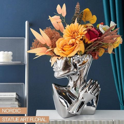 Modern Ceramic Portrait Vase Abstract Female Bust Statue Electroplated Silver Matte White Desktop Art Home Decor Luxury