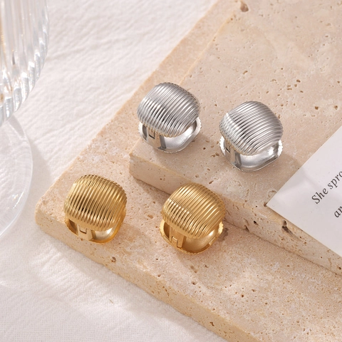 Orecchini A Lobo In Acciaio Inossidabile Con Texture A Costine Per Donna Mezza Sfera Gioielli Retrò Placcati Oro