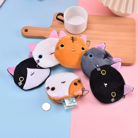 Plush Cat Head Coin Purse Kawaii Animal Embroidered Earphone Organizer Pouch Soft Storage Bag Pendant Accessory For Girls