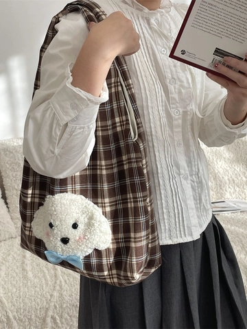 Cute Plush Dog Plaid Tote Bag Large Capacity Fabric Handbag Shoulder Bag For Women School Daily Korean Style