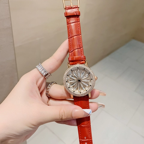 Orologio Dimini Donna Moda Quadrante Margherite Rotante Ghiera Strass Cassa Oro Rosa Cinturino Pelle Orologio Quarzo Elegante