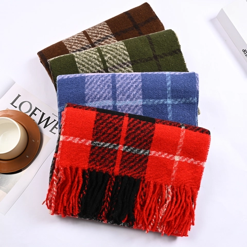 Winter Plaid Scarf Faux Cashmere Boucle Yarn Warm Large Shawl With Tassels Unisex Elegant Versatile